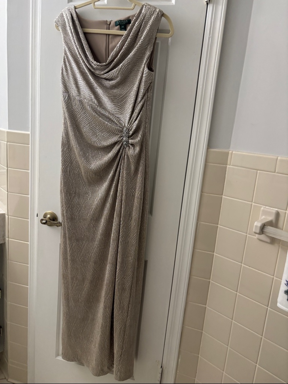 Ralph Lauren Silver Champagne Cowl-Neck Maxi Dress